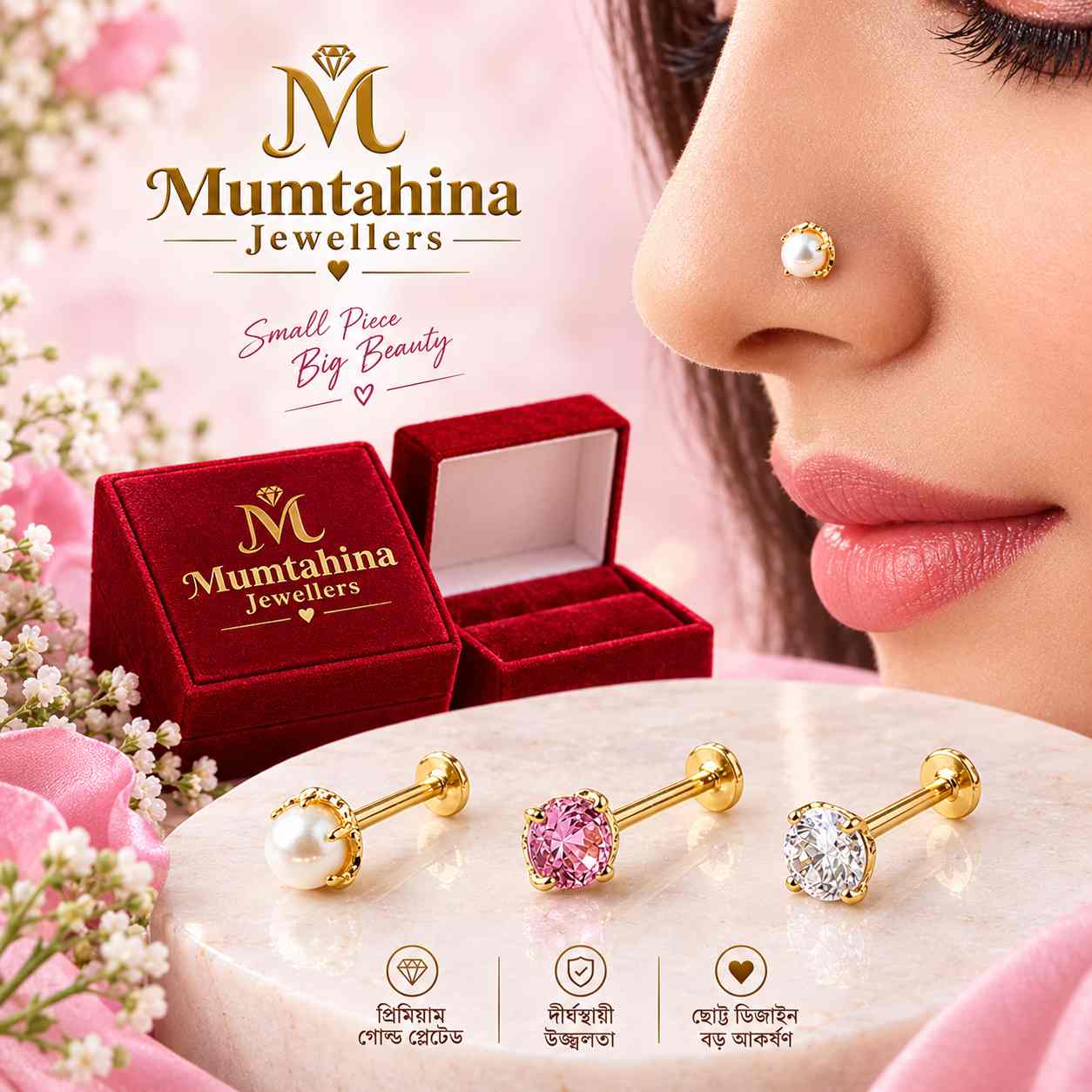 China Mukta + Pink + White Stone Diamond Cut Nosepin Combo - Image 2