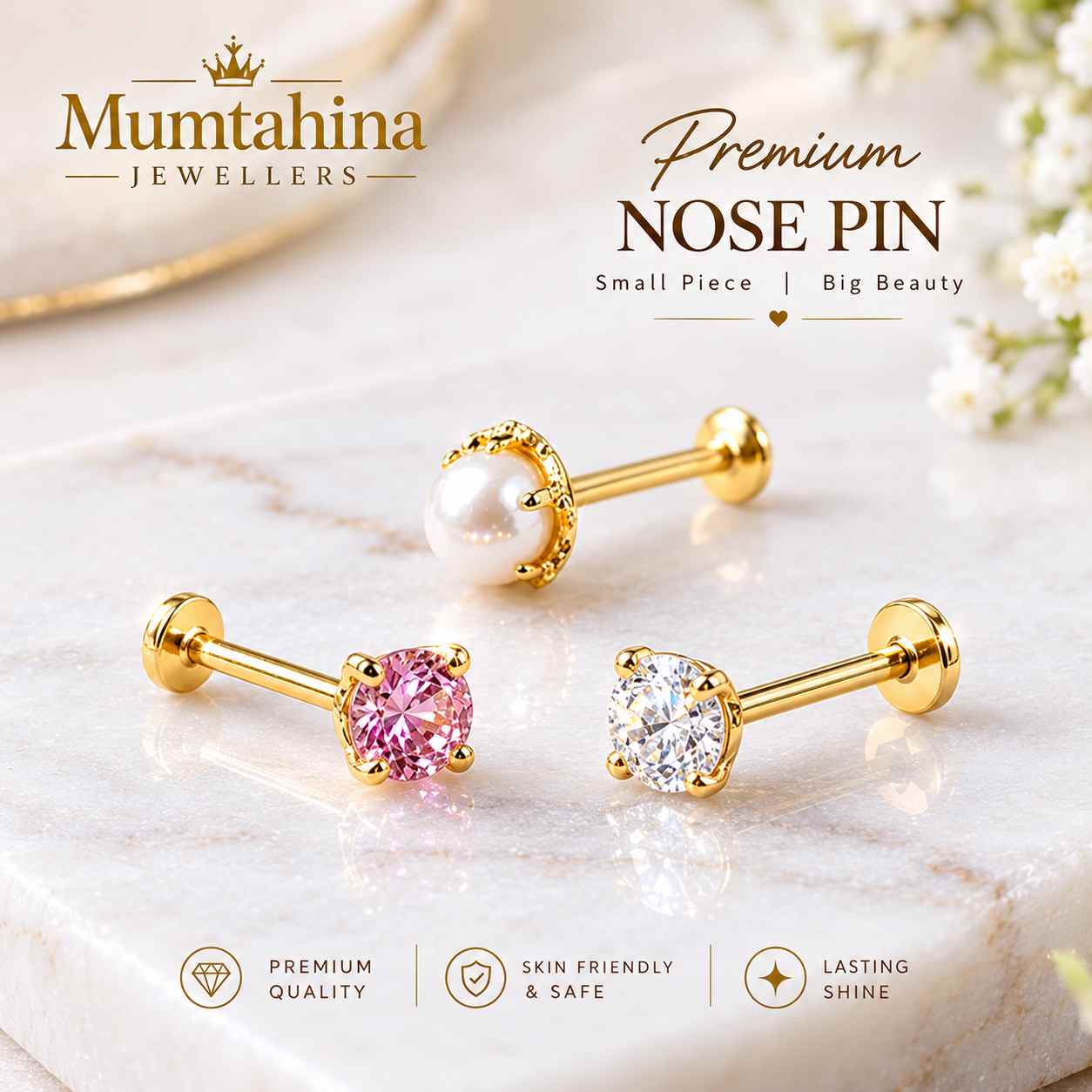 China Mukta + Pink + White Stone Diamond Cut Nosepin Combo